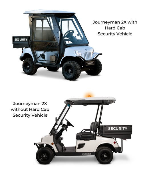 Top photo: white Columbia Journeyman security vehicle with hard cab. Bottom photo: white Journeyman security vehicle without a cab.