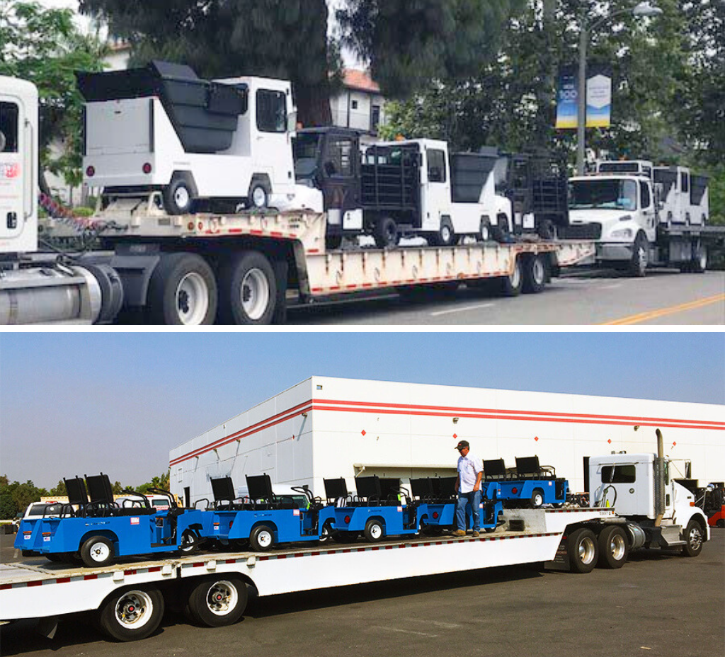 Two photos one of a deliver for Columbia payloads with dump attachments and one of custom blue Expediters both for different rental fleets